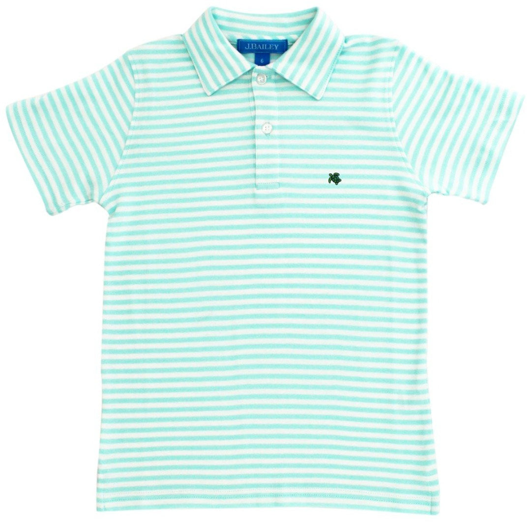 White & Mint Stripe Henry Short Sleeve Polo