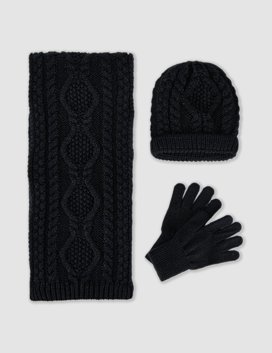 Black Jacquard Scarf Glove & Hat Set