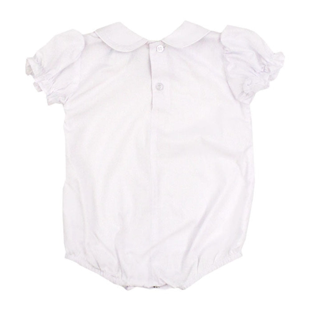 White Button Back Short Ruffled Sleeve Piped Onesie