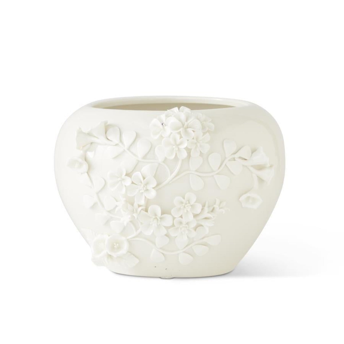 White Ceramic Pot With Jasmine Floral Accents