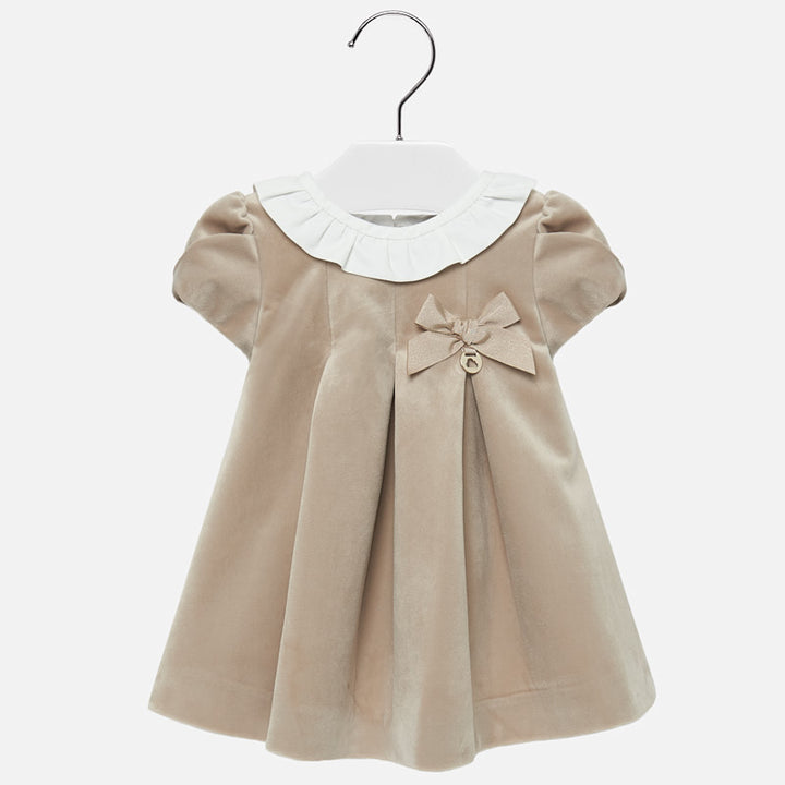 Beige Velvet Dress with Ruffled Collar