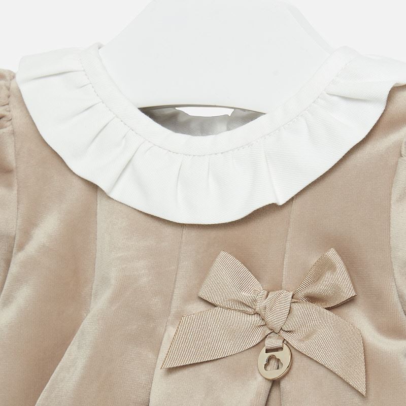 Beige Velvet Dress with Ruffled Collar
