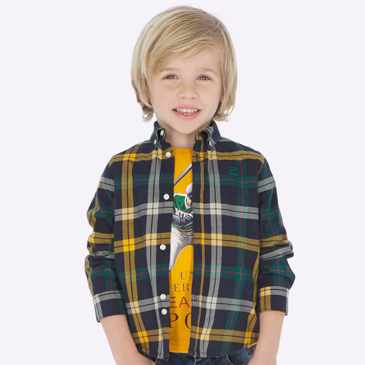 Navy & Yellow Plaid Long Sleeve Button Down 