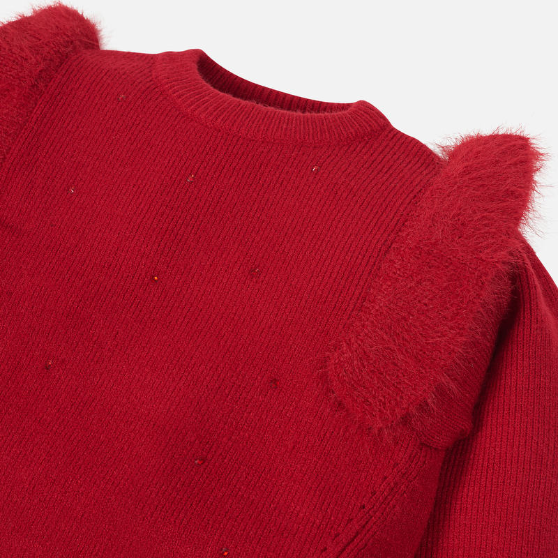 Red Fur Trim Knitted Sweater 