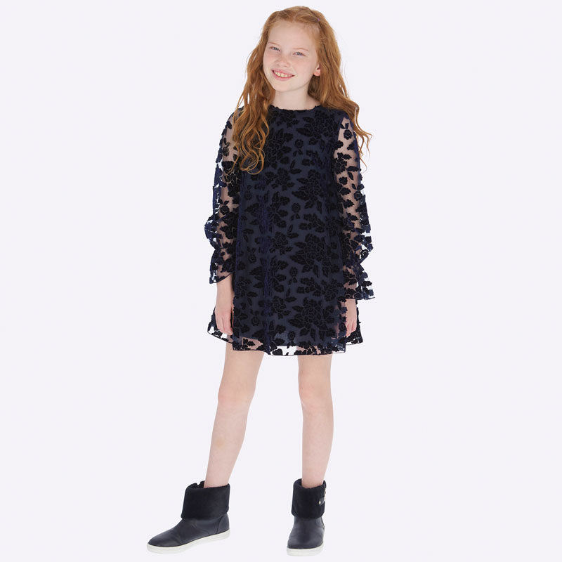 Velvet Floral Dress - Navy