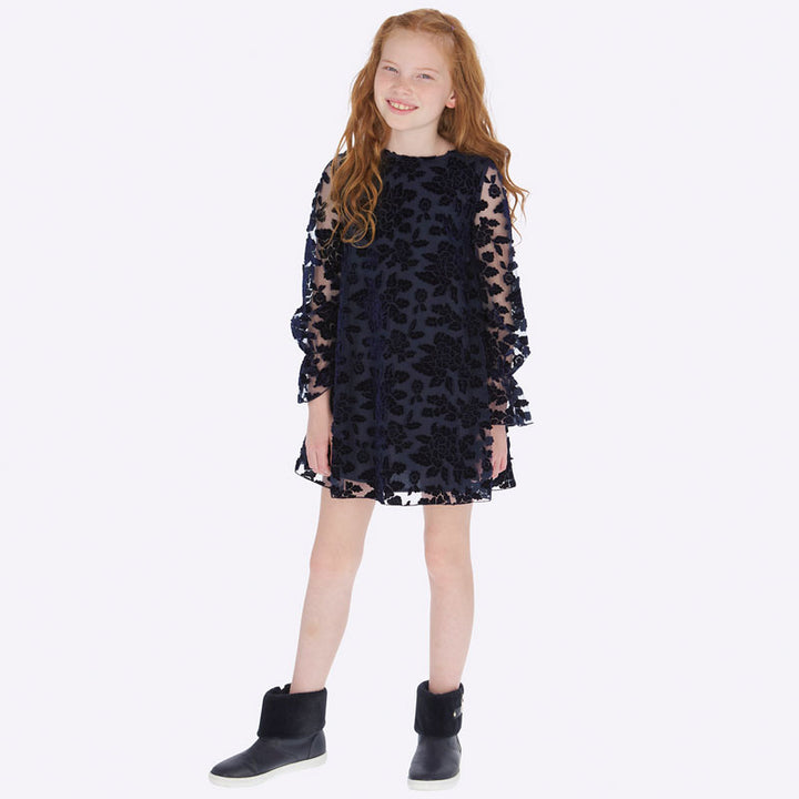 Velvet Floral Dress - Navy