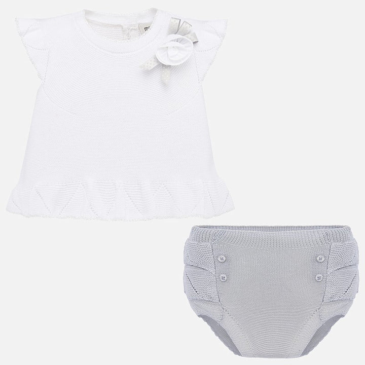 White Blouse with Grey Ruffled Bloomers