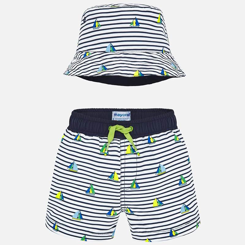 Navy & White Swim Shorts & Hat