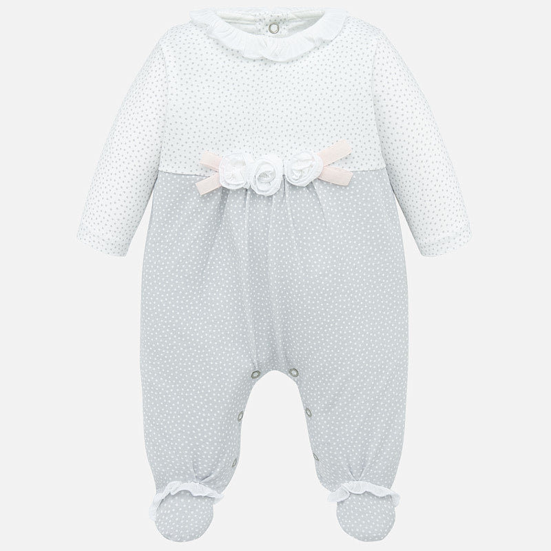 White & Grey PolkaDot Onesie with Rose Detail K&K's Giving Tree