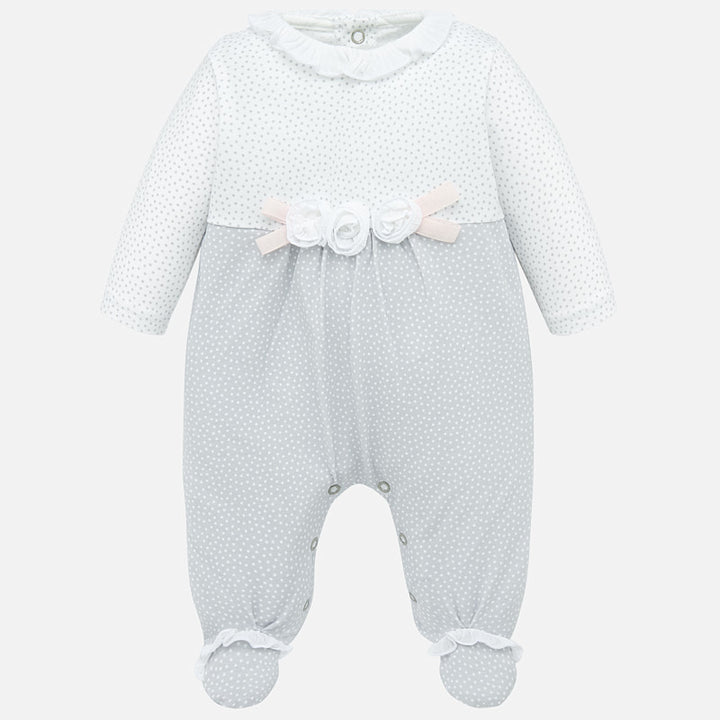 White & Grey Polka-Dot Onesie with Rose Detail