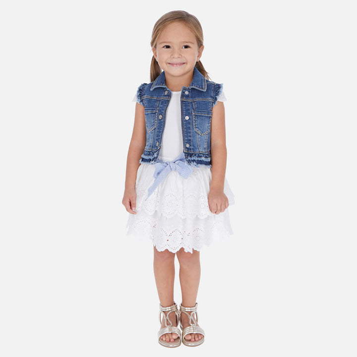 White Ruffled Skirt with Blue Striped Bow