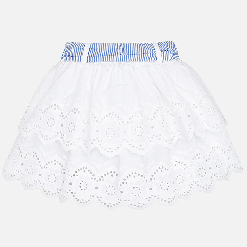 White Ruffled Skirt with Blue Striped Bow