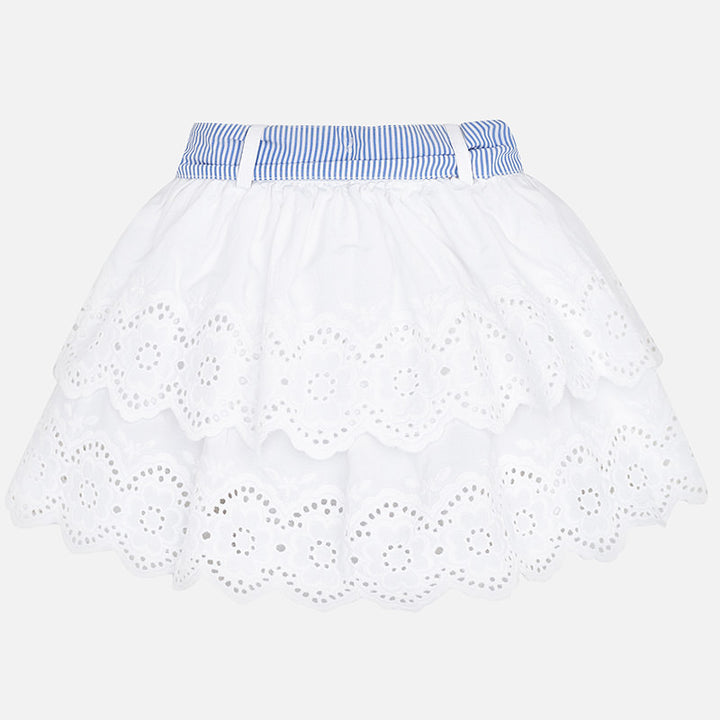 White Ruffled Skirt with Blue Striped Bow