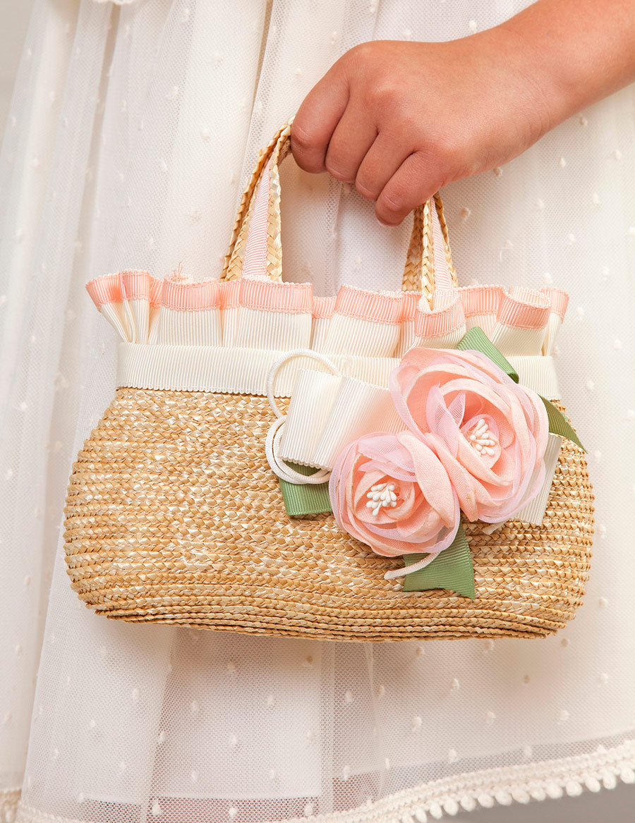 Salmon Flower & Ribbon Straw Handbag