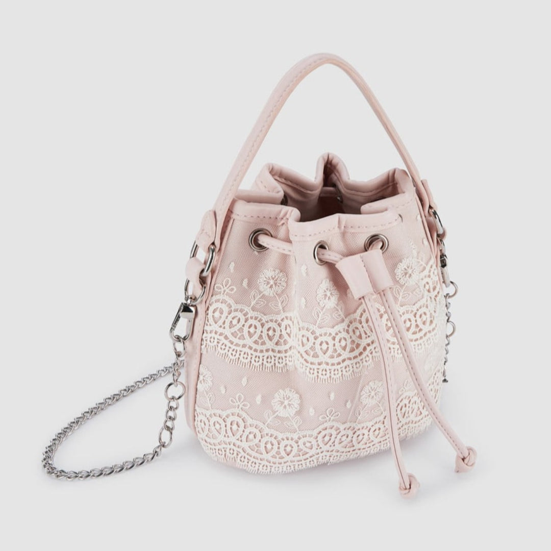 Salmon Pink Drawstring Embroidered Bucket Bag
