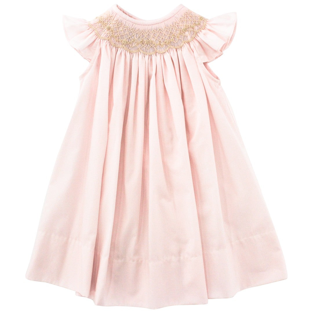 Pink Geometric Bishop Dress With Ivory Geometric Smocking