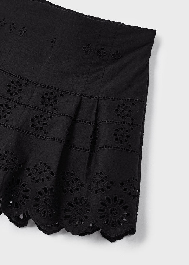 Black Eyelet Motif Cotton Shorts
