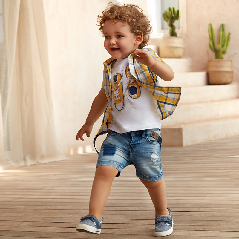 Distressed Denim Shorts with Suspenders