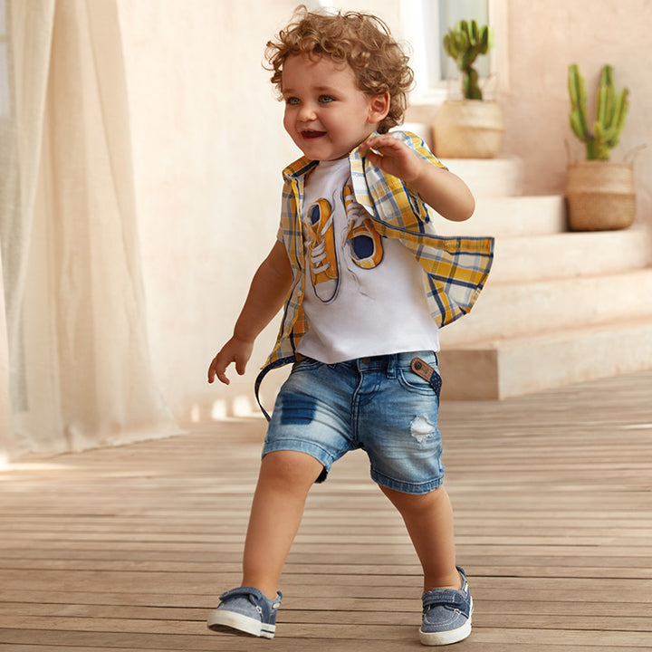 Distressed Denim Shorts with Suspenders