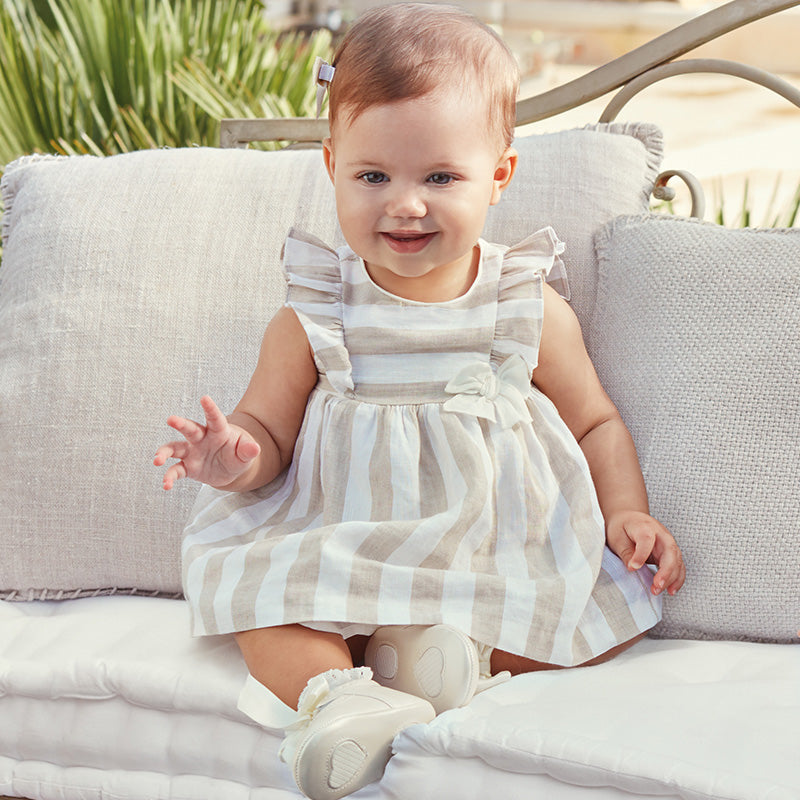 Ivory & Beige Striped Linen Dress & Bloomer