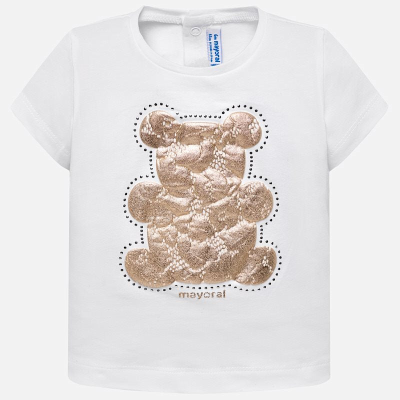 White Short Sleeved T-Shirt With Lace Teddy Bear
