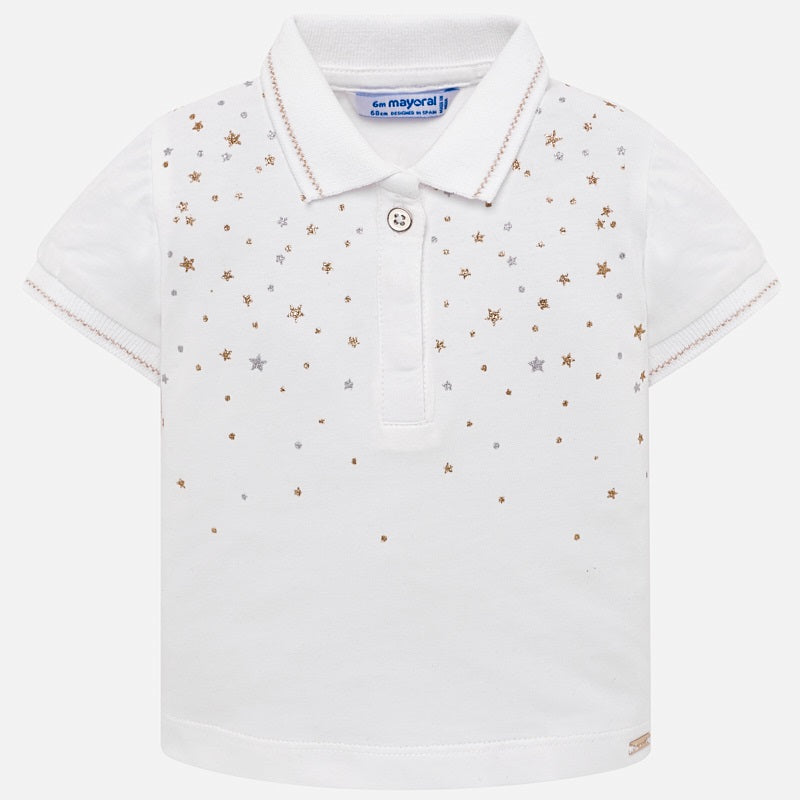 White Short Sleeved Star Polo Shirt For Girls