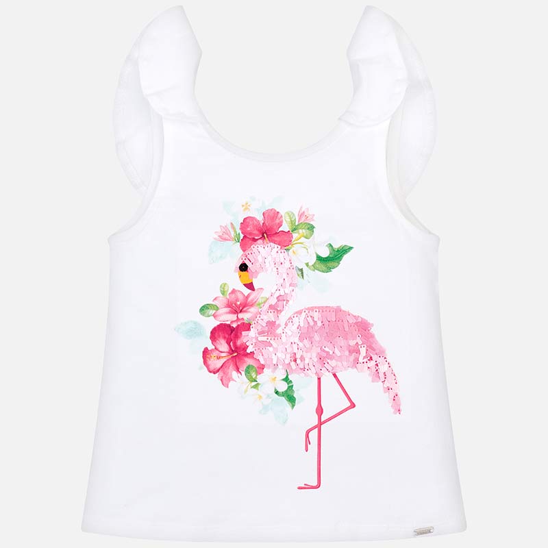 White Sleeveless Tee With Sequined Flamingo