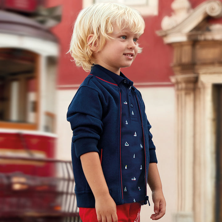 Navy Patterned Short Sleeved Polo