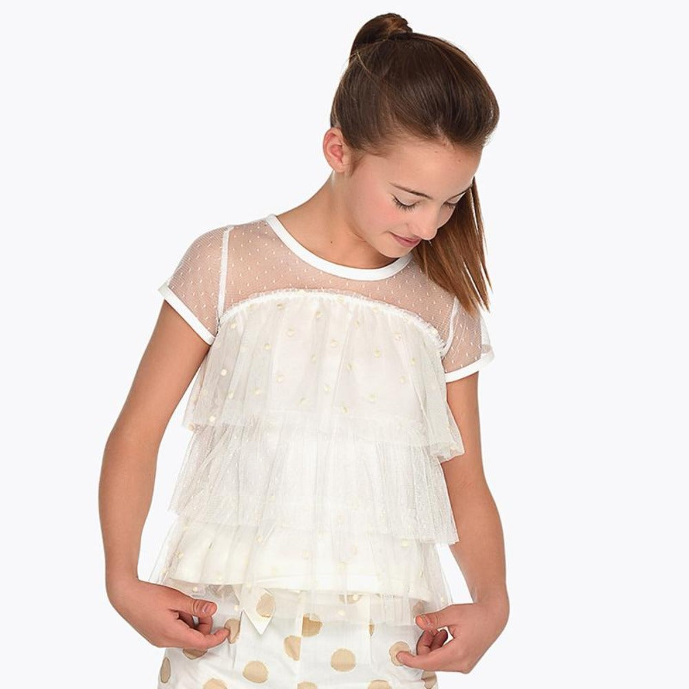 Off-White Short Sleeved Ruffled Blouse