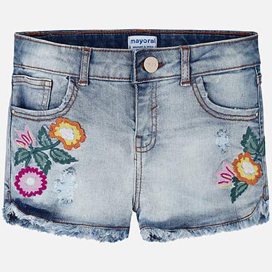 Light Denim Shorts With Floral Appliques