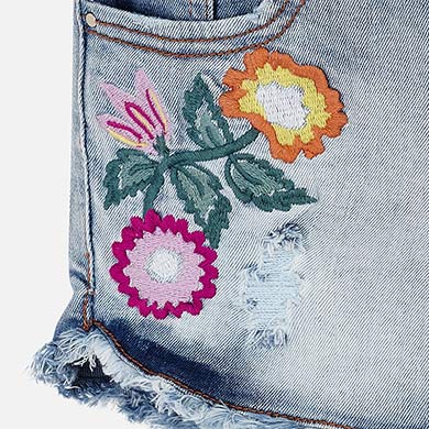 Light Denim Shorts With Floral Appliques