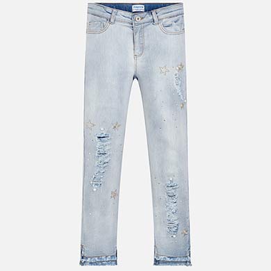 Bleached Denim Jeans With Star Appliques