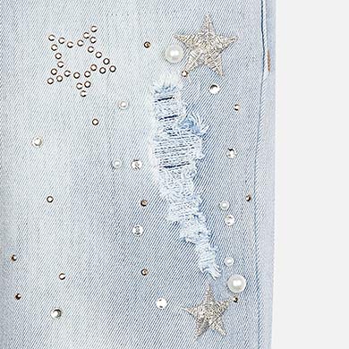 Bleached Denim Jeans With Star Appliques