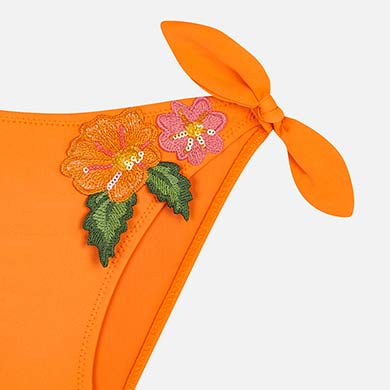 Orange Ruffle Bikini With Floral Appliques