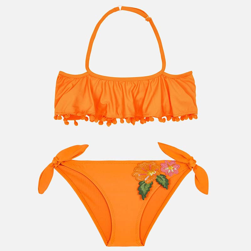 Orange Ruffle Bikini With Floral Appliques