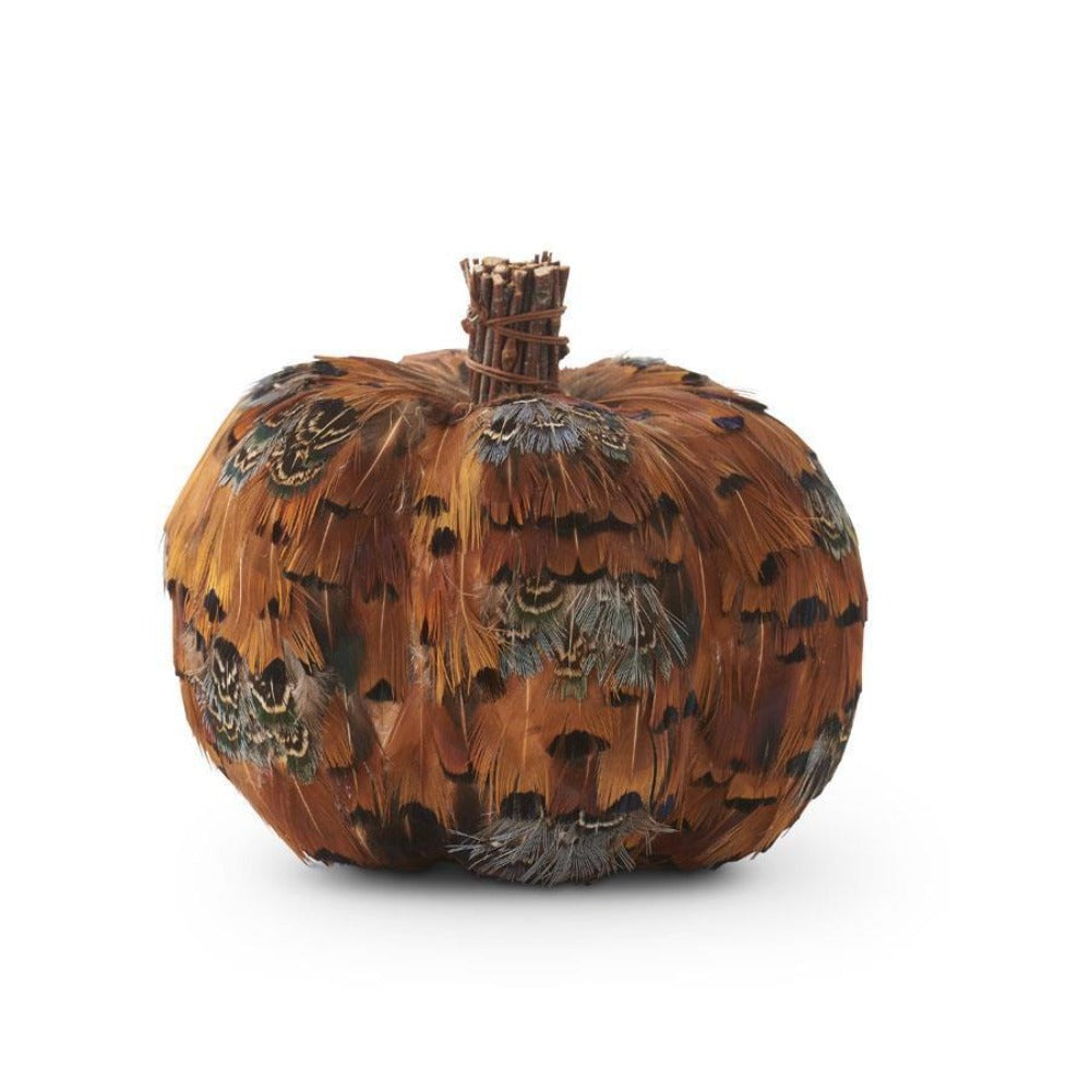Orange & Brown Feather Pumpkin With Twig Stem