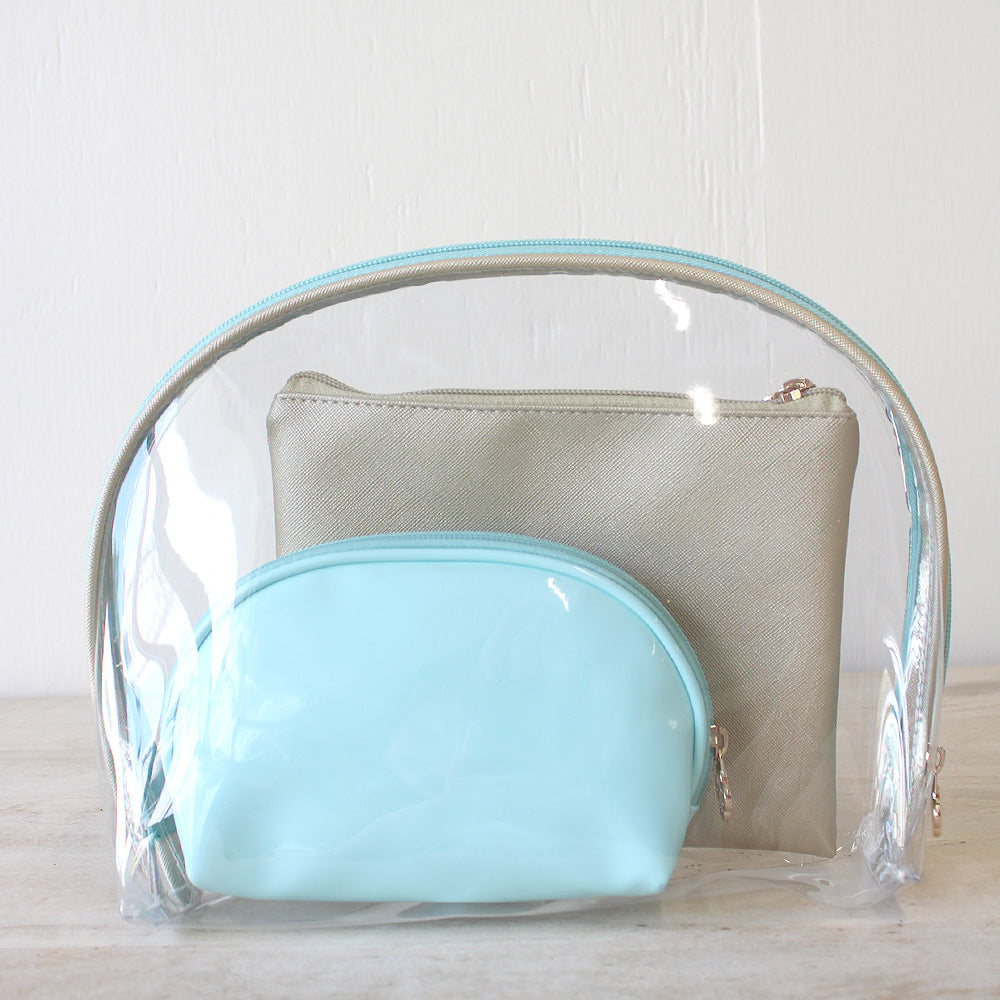 Manhattan Cosmetic Bags in Clear/ Gold/ Mint (set of 3)