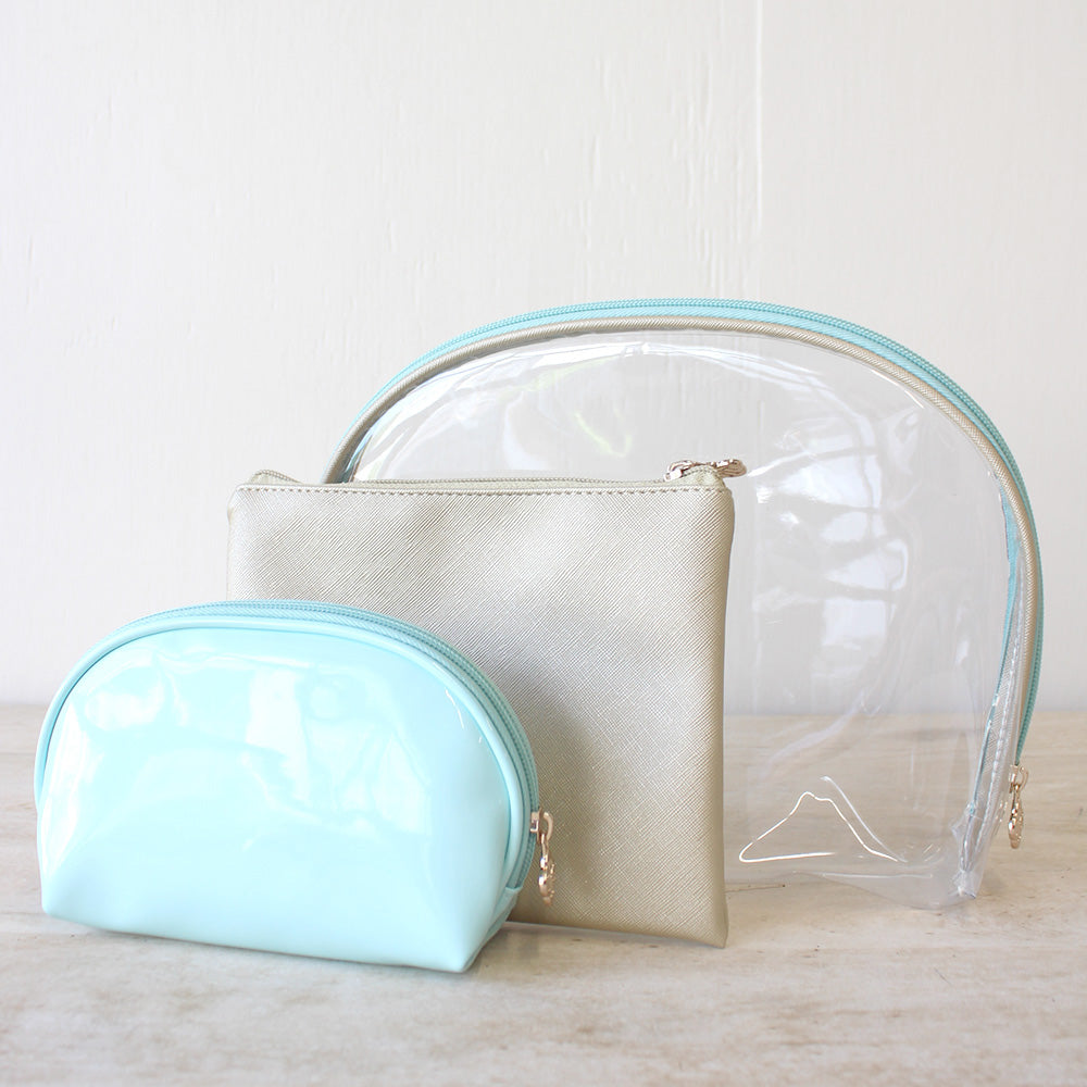 Manhattan Cosmetic Bags in Clear/ Gold/ Mint (set of 3)