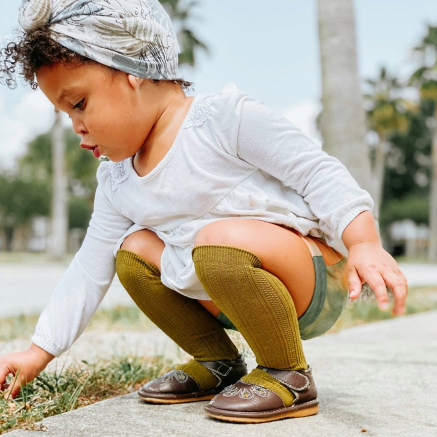 Bright Olive Cable Knit Knee High Socks
