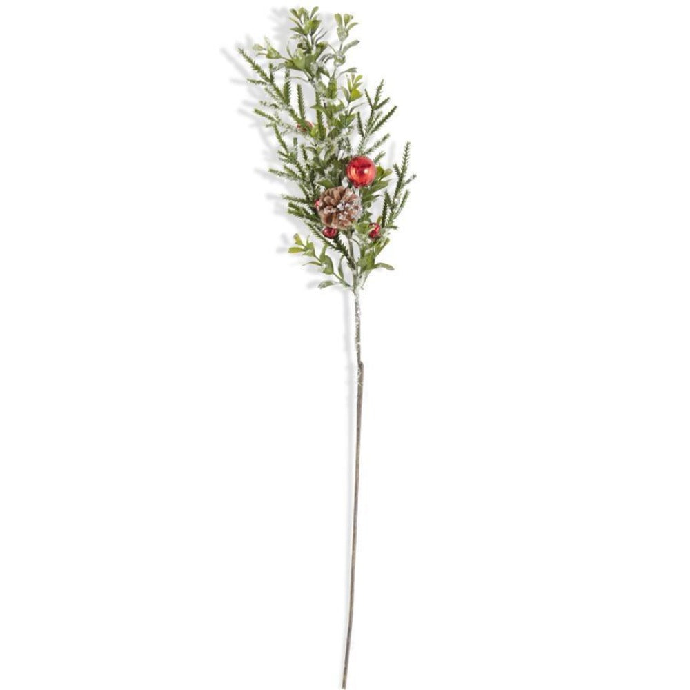 Snowy Leaf Stem With Red Bells & Pinecone