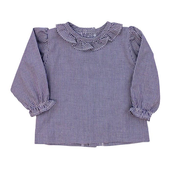 Navy Check Button Back Shirt w/ Ruffles