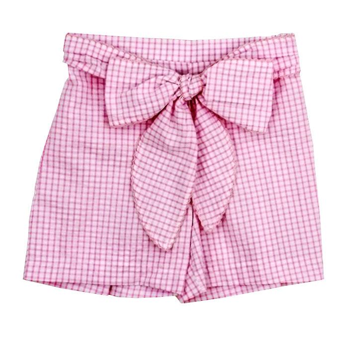 Light Pink Windowpane Seersucker Shorts with Bow
