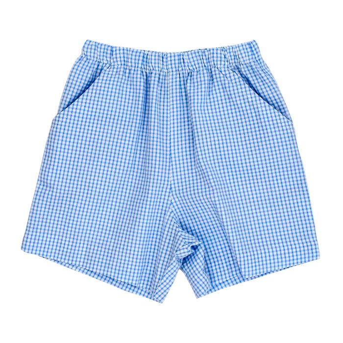 Blue Check Seersucker Elastic Waist Shorts