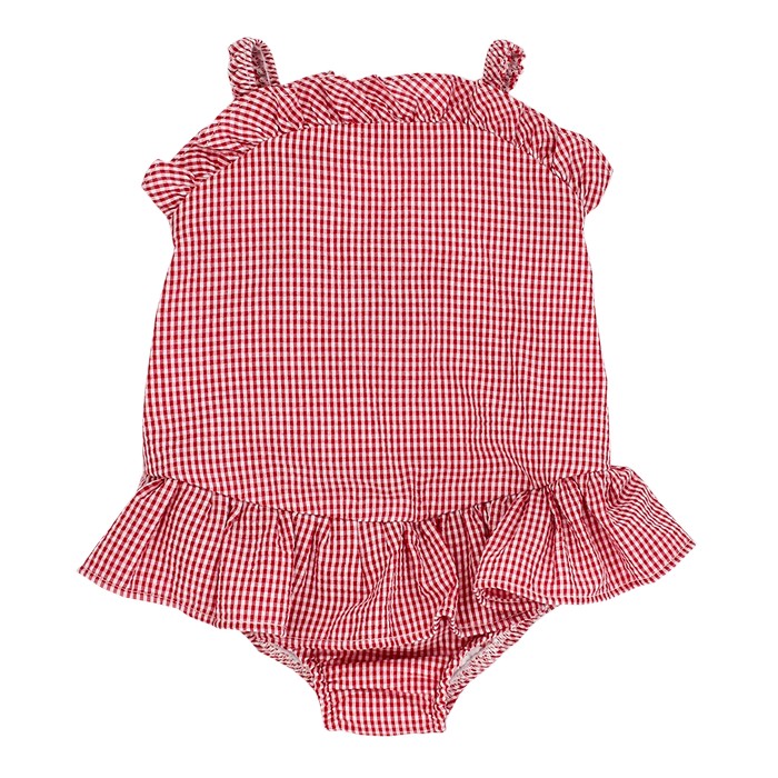 Red Check Seersucker One Piece Ruffle Swimsuit