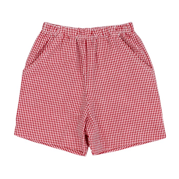 Red Check Seersucker Elastic Waist Shorts