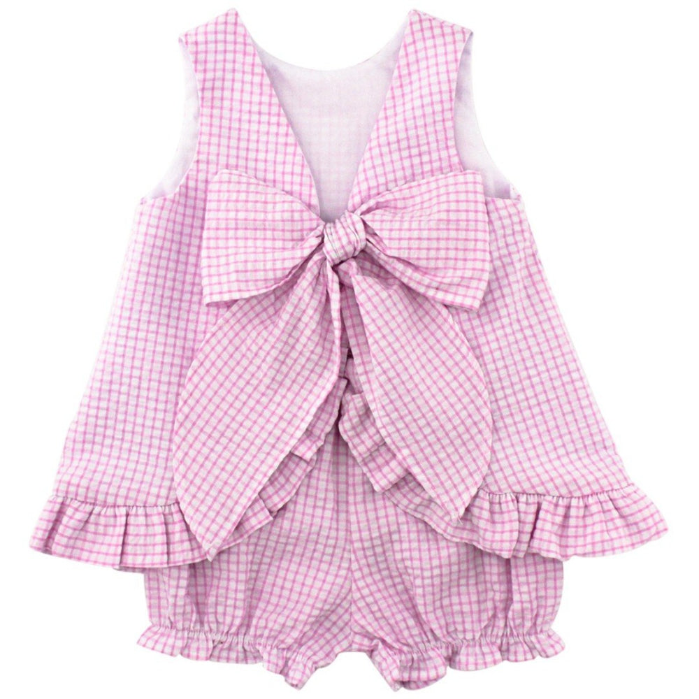 Pink Windowpane Seersucker Angel Dress With Tie & Bloomers