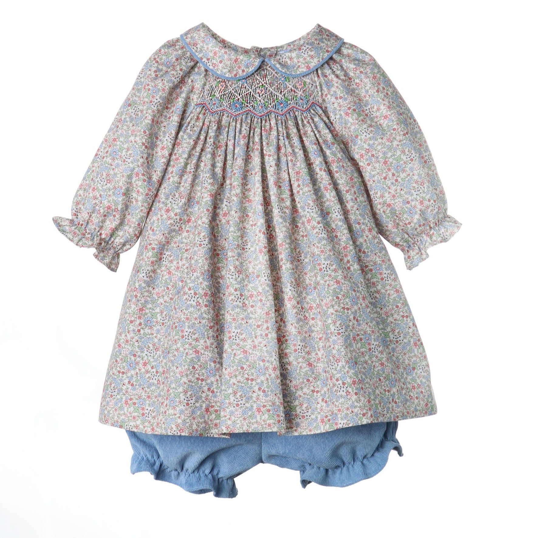 Blue Chicory Floral Bishop Dress With Corduroy Bloomers