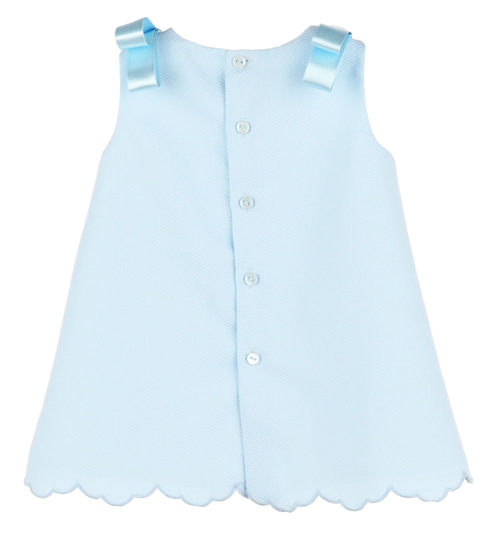 Blue Embroidered Scallop A-Line Dress