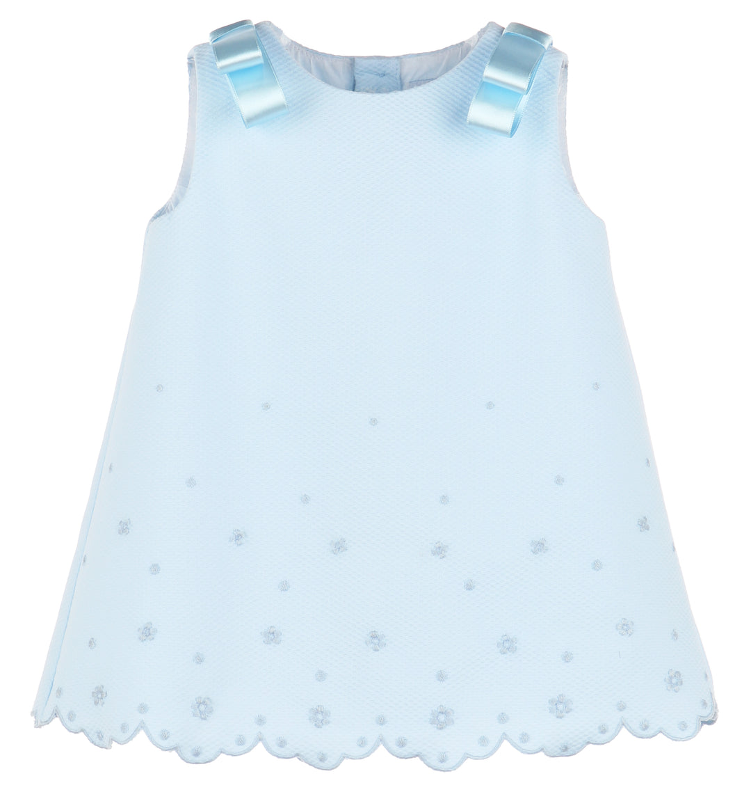 Blue Embroidered Scallop A-Line Dress