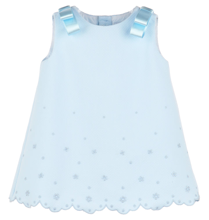Blue Embroidered Scallop A-Line Dress